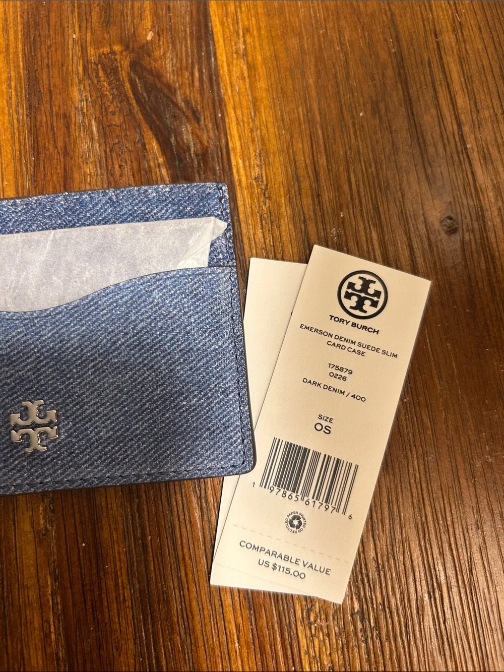 NWT Tory Burch Emerson Denim Suede Slim Card Case